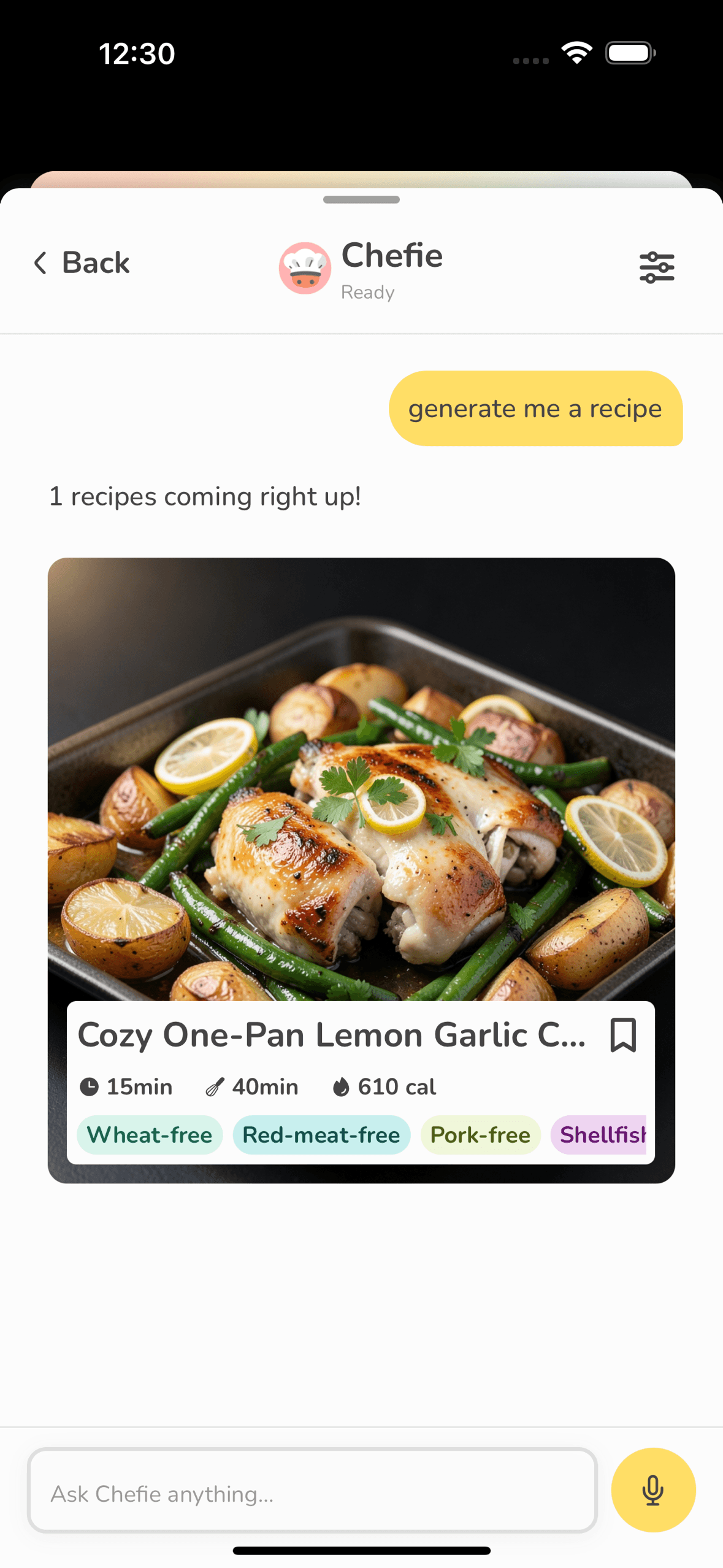 Chefie helping create a new recipe in the Hello Chef app