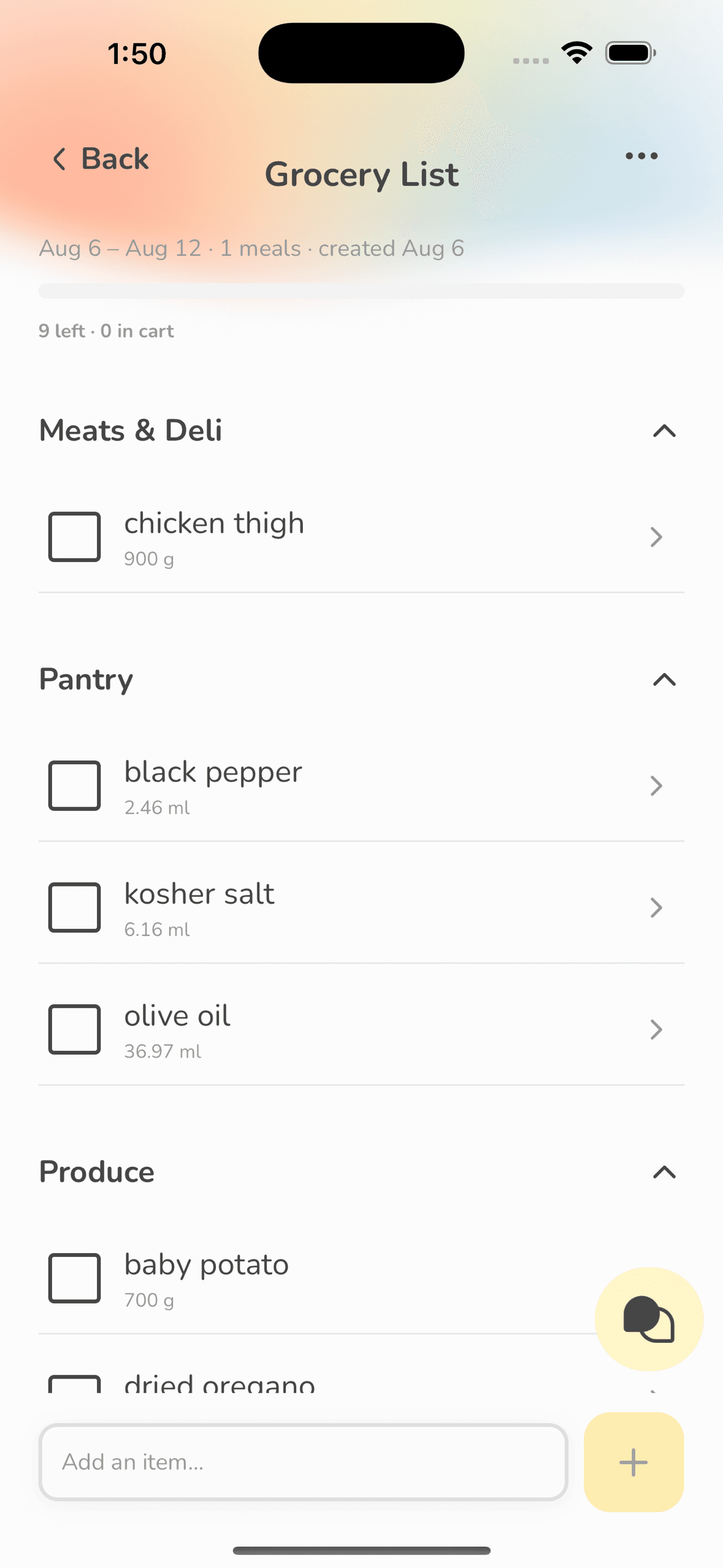Hello Chef grocery list grouped into pantry, produce, and other shopping sections