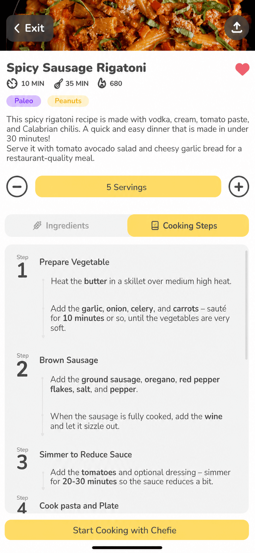 Hello Chef guided cooking screen with a recipe step, ingredients, timers, and navigation