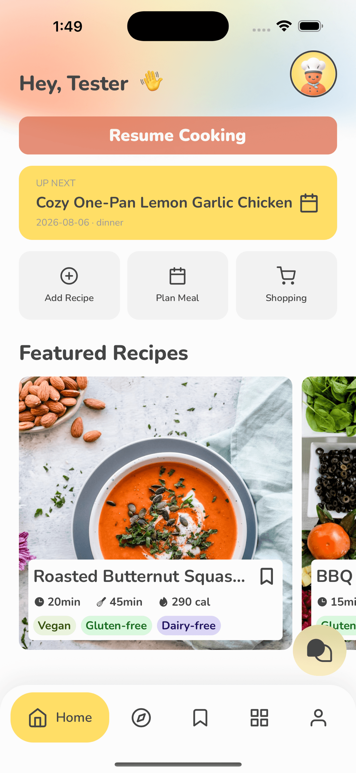 Hello Chef home screen with the next meal and featured recipes