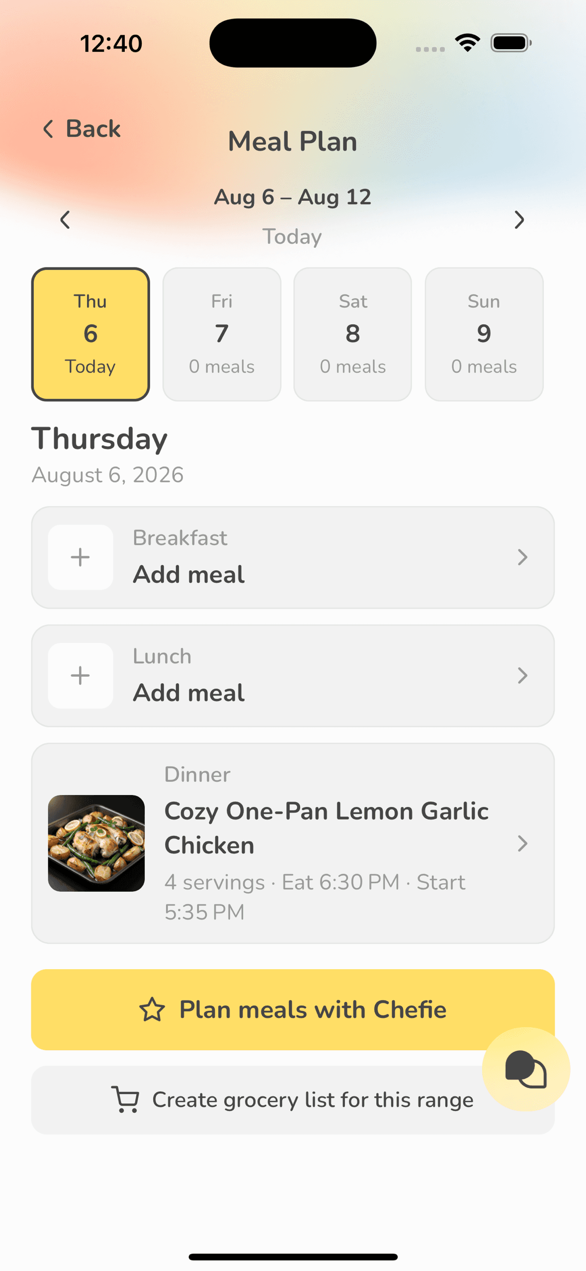 Hello Chef weekly meal plan with breakfast, lunch, and dinner slots