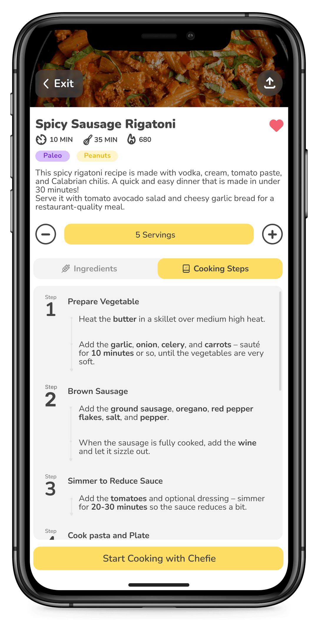 Spicy Sausage Rigatoni cooking guide in Hello Chef